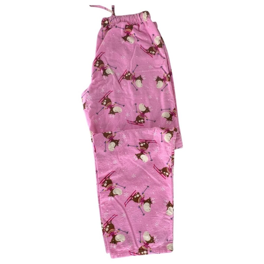Womens Pink Skiing Moose Pajama Set Cotton Flannel By Character Size Large - Picture 8 of 11